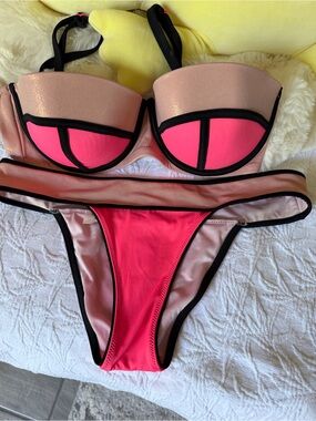 Victoria's Secret Neon Pink and Blush Colorblock Bikini with Black Trim